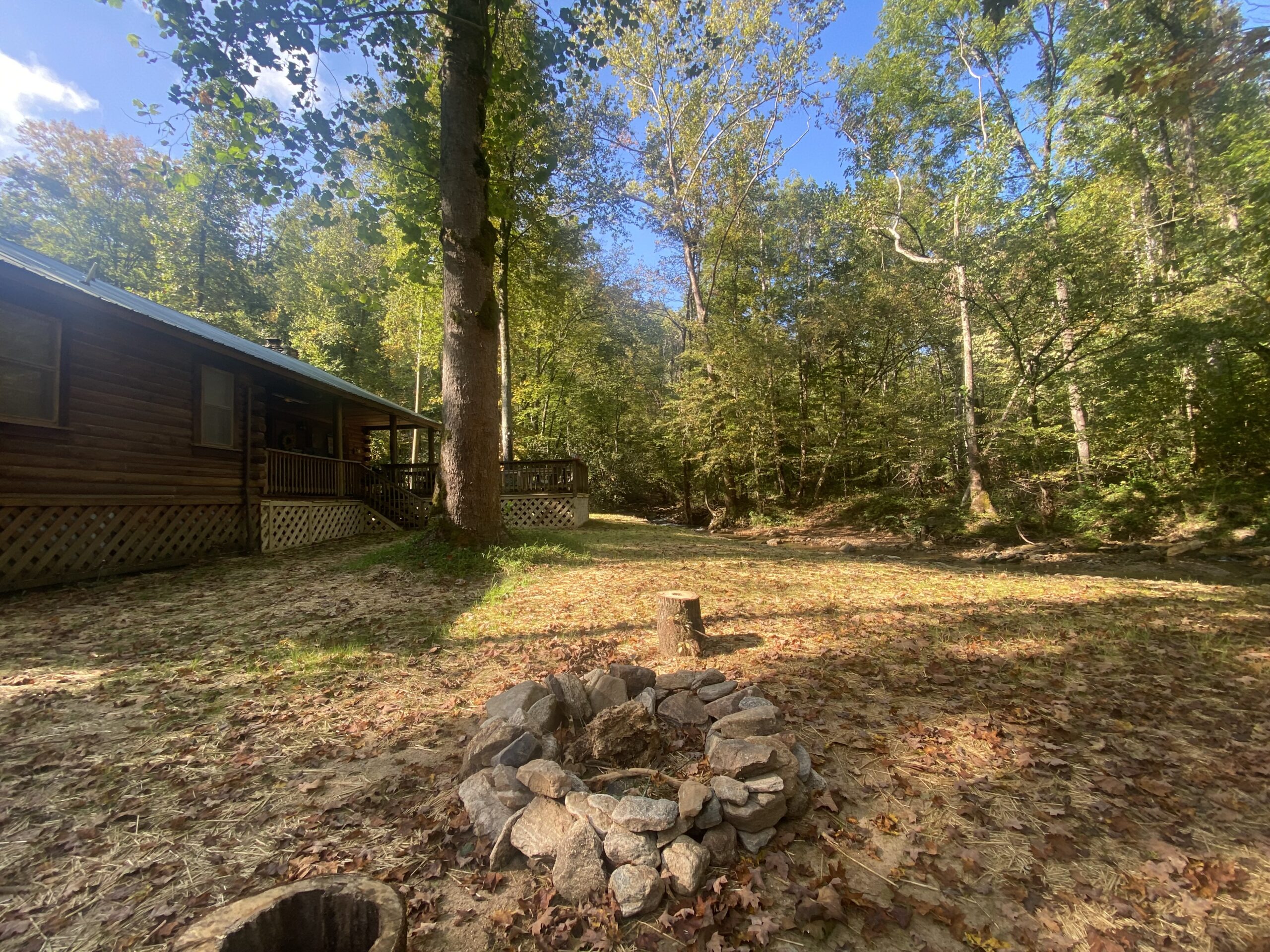 Backyard w/ small firepit by the river